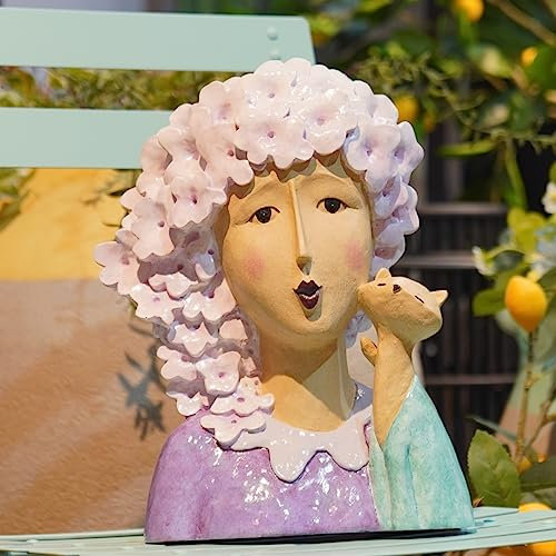 DiliComing Skulpturen Home Decor Büste Frauen Statuen,33 cm Frauen mit Katze Moderne Kunst Statue, Harz Katzenskulpturen für Garten, Wohnzimmer und Büro, ideale Einweihungsgeschenke (lila)