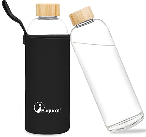 Bugucat Borosilicate Glass Water Bottle 1000ML, Reusable Water Bottle Glass with Protective Sleeves and Leak-Proof Lid, Glass Water Bottle 1 Litre Glass Drinking Bottle Ideal for Hot Cold Drinks,Black