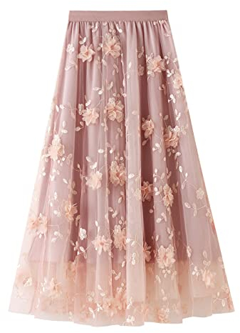 ODIZLI Tüllrock Damen Lang Rock Elegant Vintage Blume Stickerei Elastisch High Waist A Linie Swing Midi Sommer Faltenrock Plisseerock Winterrock Maxirock Frauen Festlich Fee Tutu Röcke Rosa-2 L