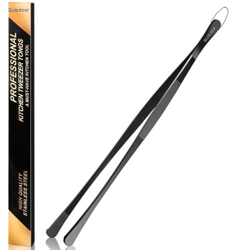 Gutsdoor Kochpinzette aus Edelstahl, 30 cm lang Professionelle Pinzette, Runde Grillpinzette Präzision Gezackte, Küchenpinzette Schwarz für Küche, Camping, BBQ