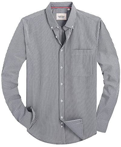 Alimens & Gentle Mens Solid Oxford Shirt Long Sleeve Dress Shirt Work Casual Button Down Shirts with Pocket,Striped-Black White,Large