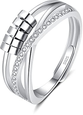 Deyanse Anxiety Ring, 925 Sterling Silber Anti Stress Ring, Bead Spinner Angst Ringe für Frauen Damen, Angstring Weißgold Verstellbar ringe, Offen Einstellbar Spinner Fidget Ring Anti-stress Ring