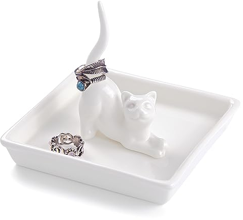 PUDDING CABIN Cat Mom Gifts for Women, Cat Ring Holder for Jewelry, Ceramic Jewelry Tray Dish Rings Bracelets Earrings Trinket Tray, Cat Gifts for Cat Lovers Mother's Day Birthday Wedding Christmas