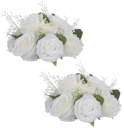 Nuptio Centros de Mesa de Flores Artificiales: 2 Piezas 24cm Diámetro Blanco Falso Rosa Flores Bola Arreglo Seda Falso Ramo Boda Centros de Mesa para Hogar Partido Decoraciones Aniversario