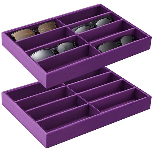 Amylove 2 Pcs Sunglass Organizer Trays Glasses Tray Stackable Jewelry Organizer Trays Sunglass Display Organizer Sunglass Display Box, 8 Grids (Purple,Velvet)