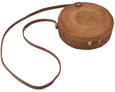 HERCHR Handgewebte Runde Rattantasche, Gewebte Schultertasche aus Rattan Mit Lederband, Handgewebte Umhängetasche, Strand-Boho-Geldbörse Für Frauen(ZU)