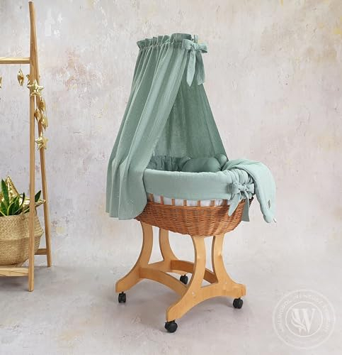 Moseskorb Natur braun mit Gestell und Matratze mit Baldachin und Bettwäsche I Leisen Rädern (Khaki)