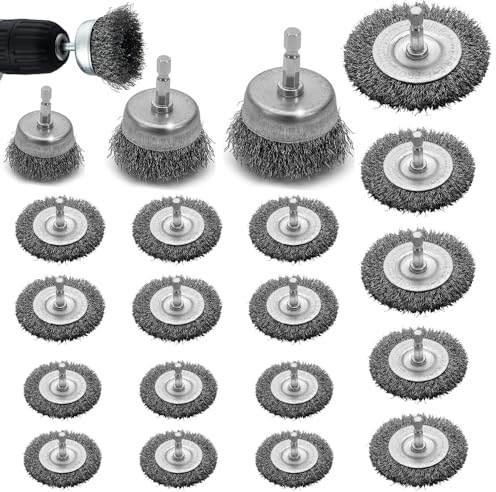 20 Stück Drahtbürste Bohrmaschine Set, 6mm Drahtbürste Akkuschrauber, Topfbürste mit Sechskantstange Drahtbürsten Set, Gewellter Stahldraht für Schleifen, Polieren, Entrosten