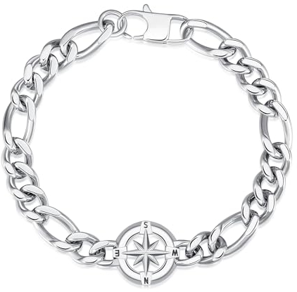 GAVU Bracelet Acier Inoxydable Homme, Bracelet Maille Figaro Homme, Bracelet Boussole Nautique pour Homme 23cm