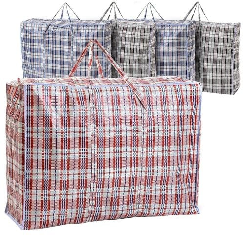 Kav Pack Of 5 Extra Large Plastic Laundry Bag - Storage/Carrier Bags, Reusable And Foldable Shopping Bag With Ziplock And Handles For Clothes Storage, Kitchen Storage - (100x60x28 cm)