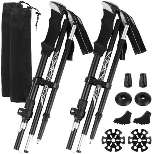LEAZZLE Wanderstöcke Teleskop Faltbar, Nordic Walking Stöcke Verstellbar 110-130 cm | Aluminium & Carbon, Trekkingstöcke mit extra Gummipuffer und Tragebeutel, Wanderstock für Trekking Damen & Herren