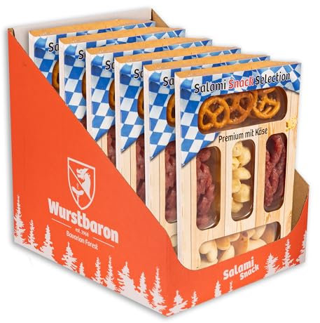Snack Selection Premium Käse 6er Set, Snackbox mit Salami, Salzbrezel, Gebäck und Käse, 6 x 80g Snacks