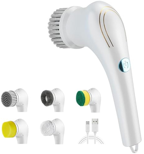 Xrten Electric Cleaning Brush, Electric Spin Scrubber, Handy Rechargeable Spin Scrubber, Spin Brush, Powerful Floor Mop with 5 Interchangeable Brush Heads for Home and Garden