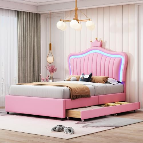 Dolamaní Polsterbett Jugendbett Mädchen Bett 90x200 cm mit 2 Stauraum Schubladen, PU-Leder, Einzelbett mit Lattenrost, Polster Kopfteil-Prinzessinnen-Krone, Rosa