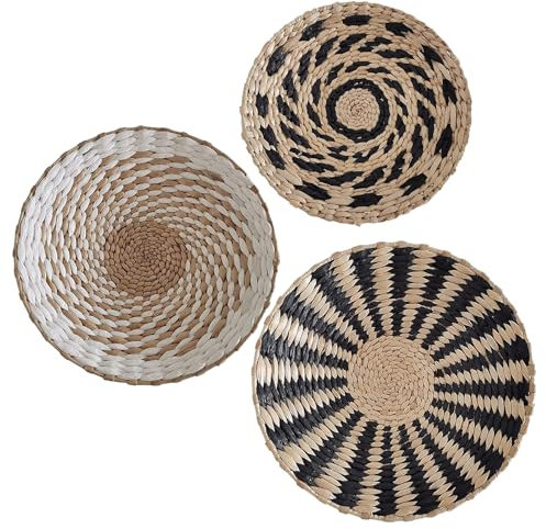 Juego De 3 Cestas De Pared Bohemias, Platos De Pared De Ratán Tejidos Hechos A Mano, Juego De Decoración De Pared Rústico, Cestas De Mimbre Planas Redondas para Sala De Estar Y Dormitorio