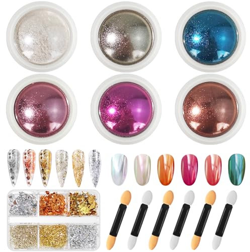 HavaCue 6 Colors Chrome Nail Powder, Shiny Glassy Pearl Effect, Nail Powder for Nail Design, Nail Glitter Powder, Cromepowder Nail Set with Eyeshadow Pencils,Box Glitter Gold Foil