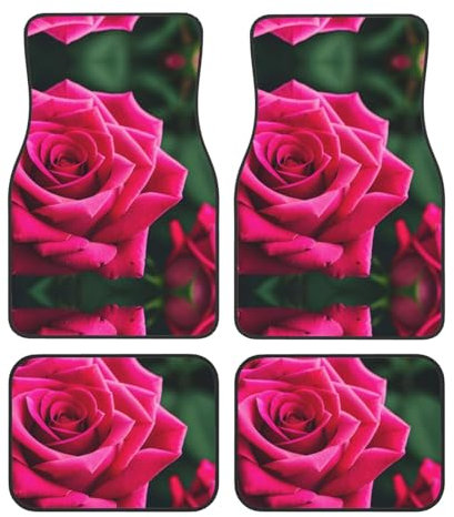 Universelle Auto-Fußmatten mit Rosen-Motiv, 4-teiliges Set in klassischen Autoteppichmatten, Polyester-Automatten