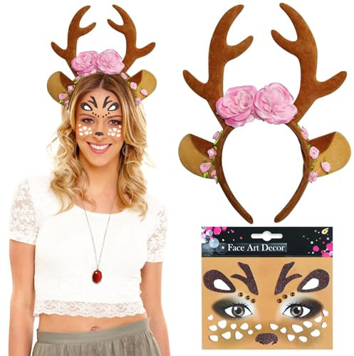 Reh Haarreif Damen Kinder Geweih Haarreif Gesichtstattoo Rentier Haarreif Karneval Reh Geweih Haarreif Damen Mädchen Bambi Haarreif Damen Reh Kostüm Haarreif Reh Ohren Hörner Kopfschmuck für Fasching