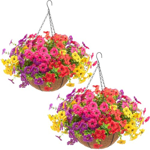 Hananona 2 Set Artificial Outdoor Flowers with Hanging Basket, 2 Hanging Planters with 24 Pcs Flowers for Spring Summer Front Porch Garden Patio Home Decor (2, Red, Purple, Yellow, Rose Red)