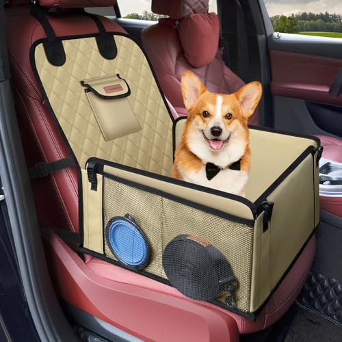 Looxmeer Hunde Autositz Extra Stabiler für Kleine Mittlere Hunde, Auto Hundesitz mit Verstärkte Wände und Sicherheitsgurte, Wasserdicht Hundeautositz für Rück- und Vordersitz, Beige