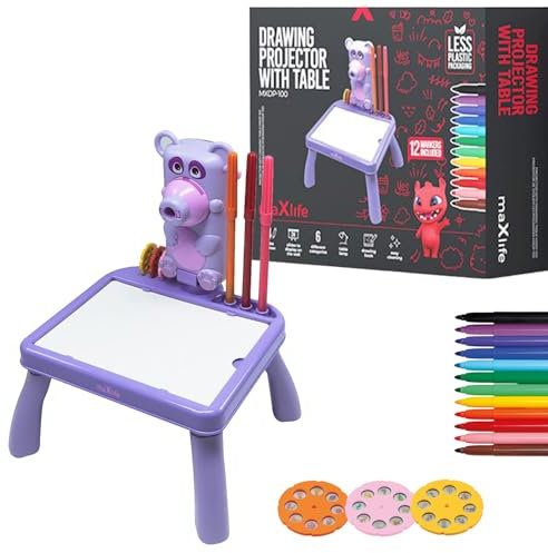 Maxlife Drawing Projector for Kids with Table Purple – Kids Drawing Projector with 48 Slides and Colored Markers - Stimulates Imagination and Motor Skills - Creative Projector Toy for Kids Up 3