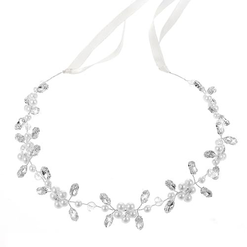 Perlen Haarschmuck Hochzeit Strass Blumen Haarreif Damen Blumenmädchen Haarschmuck Braut Kristall Perle Prinzessin Stirnbänder mit Luftschlangen für Hochzeit Geburtstags Party (Silber)