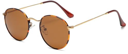 RUNHUIS Kleine Rund polarisierte Sonnenbrille Damen Herren Vintage Klassische Super Leichte Metallrahmen Gläser Retro Mode Brillen für Fahren Angeln Gold-Leopard/Tee