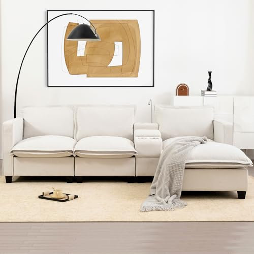 Ymkua Couch L Form Sofa, Ecksofa mit Stauraum und USB-Ladeanschluss,Eckcouch mit Leselampe, Modern 3 Sitzer Sofa mit hocker und Getränkehalter für Wohnzimmer, Wohnung, 248x154x84 cm (Beige)