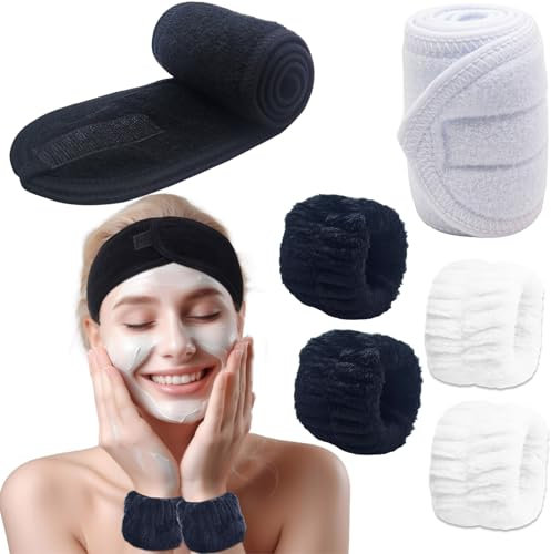 BTIYMU 6 Pièces Bandeau Cheveux Femme Maquillage Bracelet de Lavage Poignet Visage Esthétique, Serre Tete Maquillage Spa Reglable Bandeau Soin Visage Demaquillage Manchette Skincare Set(Noir, Blanc)