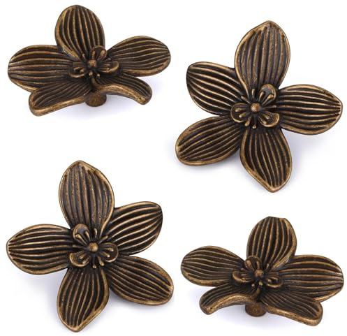 Bebochoi 4 Stück Vintage Schrankgriffe, Schubladenknöpfe Kleiderschrankgriff, Antike Blüten-Griffe aus Zinklegierung, Kreatives Blütenblatt Küchenschrankgriff für Schränke, Schubladen & Kommoden