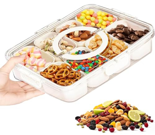 lbxtswpl Divided Serving Tray with Lid, 8 Removable Compartment Box, Snack Tray with Lid and Handle Reusable Snack Containers for Fruits Veggie Nuts Snacks Party Travel Picnics(Beige)