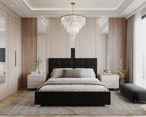 FDM Polsterbett mit Bettkasten 120x200 140x200 160x200 180x200 cm – Stauraumbett aus Velours, gepolstertes Kopfteil, Lattenrost & Metallrahmen, klappbar, Made IN EU (Schwarz, 140x200)