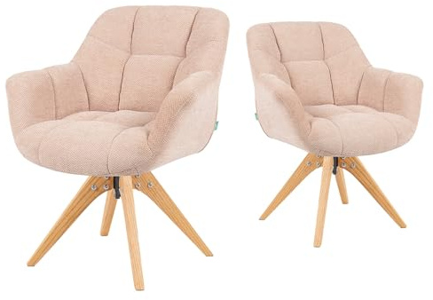 DUBI Möbel Esszimmerstühle 2er Set 360° drehbar mit Taschenfederkern, hoher Sitzkomfort, bis 150 kg belastbar, abriebfester Stoff in Altrosa Beige, Eiche Massivholzgestell geölt (Natur), Mika-Nele