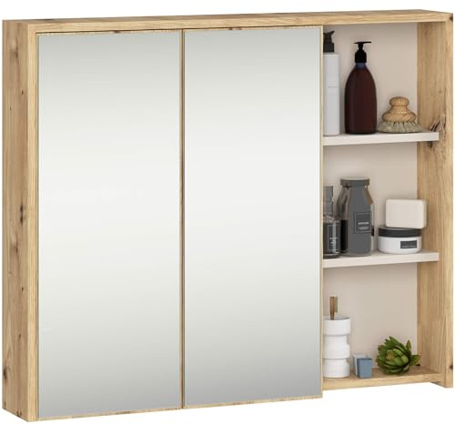 AKORD Armoire de Salle de Bain Miroir VAMI 90 cm - Rangement Mural 2 Portes 6 Étagères - Meuble avec Compartiments Ouverts - Miroir Rangement SDB - 90x75x15 cm - Chêne Artisan & Cachemire