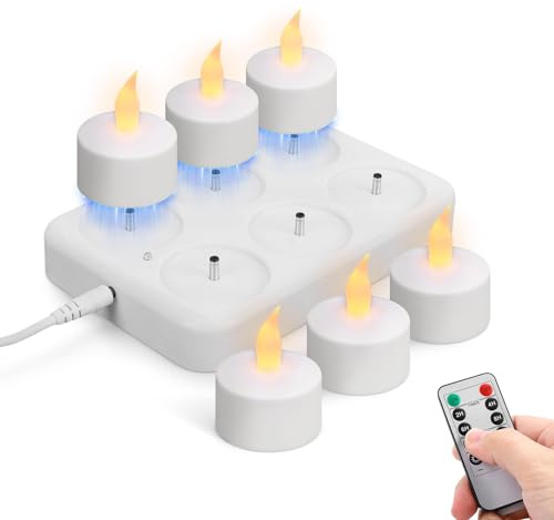 ZEMBSOYA Rechargeable Flameless Tea Lights Candles with Charging Station Remote Battery Operated LED Flickering Tealights for Home Wedding Decor