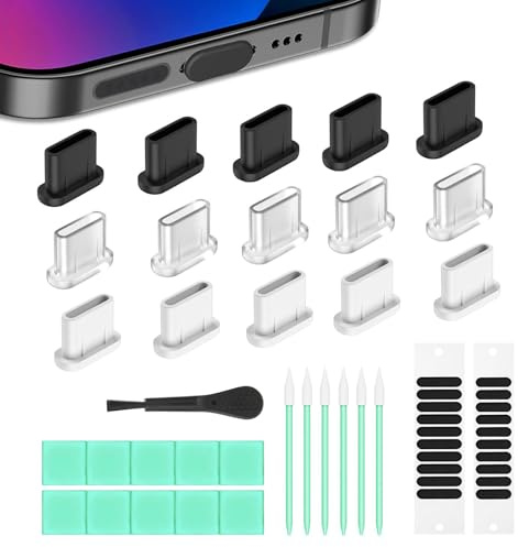TESGADGETS 13-Piece Set USB C Dust Plugs and Phone Speaker Covers, Applicable to iPhone 17/16/15 Series, Cleaning Set for Charging Port Covers, Multicoloured