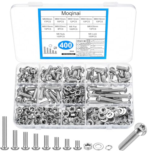 400 PCS M6 Screw Set Stainless Steel A2, Button Head Hex Socket Screws Nuts Set, Machine Screws and Nuts Kit, Small Metric Thread Screws Set, Round Head Screws with Washers Kit