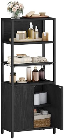 Hzuaneri Badezimmerschrank Badschrank mit 2 Türen, verstell. Ablagen | Kleiner Standschrank, Toilettenpapierhalter, Belüftete Metallgitter-Ablage, 20 x 38 x 90cm Schwarz BC42904B