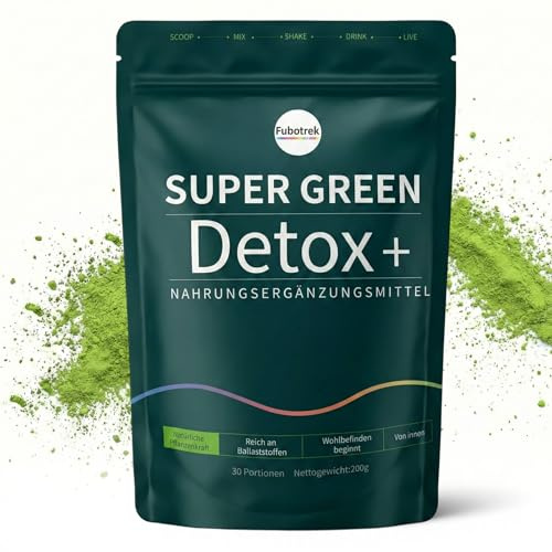 Grüne Entgiftungspulver, 200g Greens Pulver Helfer, Grüner Superfood Pulver zur Entgiftung & für Energie mit Spirulina &Gerstengras,Matcha,Heidelbeeren,Reich an Vitaminen, Mineralien & Ballaststoffen