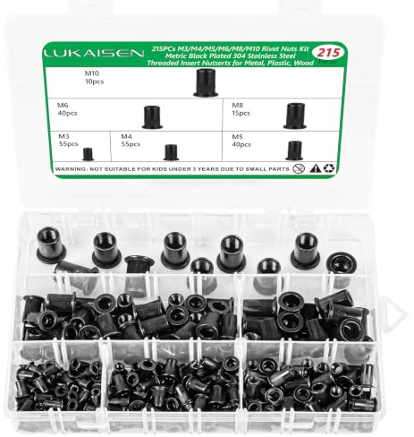 LuKaiSen 215Pcs M3-M10 304 Stainless Steel Black Flat Head Rivet Nuts Kit | M3 M4 M5 M6 M8 M10 Rivnuts Assortment Set for Metal Sheets, Automotive, Furniture, DIY and Metalwork