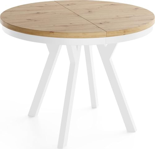 Runder Ausziehbarer Esstisch im Loft-Stil XXL Groß – Verlängerbarer Tisch mit Weißen Holzbeinen & Metallring – Platzsparender Esstisch für Wohnzimmer – Eiche Artisan Hellbraun – 100 bis 300 cm