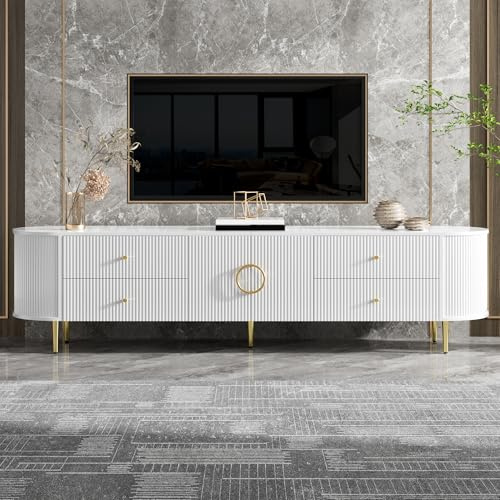 FammyLoft TV-Schrank 180cm bis 75 Zoll mit 3D-Wellenstruktur, TV-Lowboard Stehend mit Abgerundete Kanten, Fernsehtisch mit Kabelmanagement, TV Stand, Fernsehschrank, TV-Board, TV-Kommode, Weiß