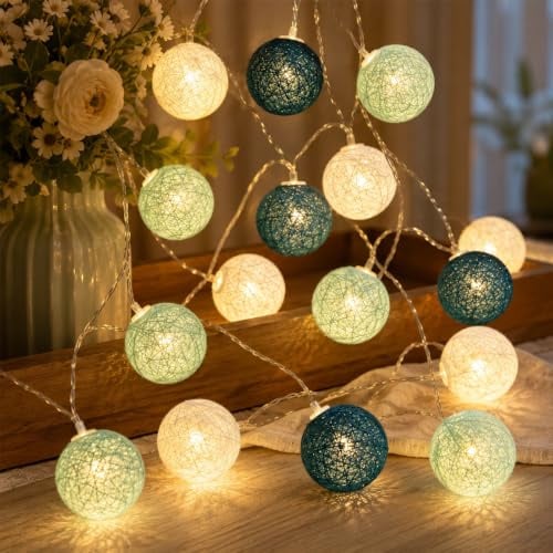 ZingBox LED Lichterkette Baumwollkugeln, 3M 20LED Lichterkette Kugeln | Batterie, Cotton Ball Lichterketten Innen für Kinderzimmer Weihnachten Hochzeit Party Garten Deko(Dunkelgrün, Hellgrün, Weiß)