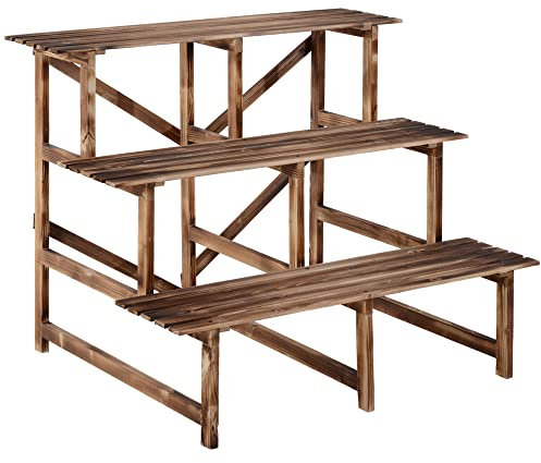 Outsunny 3-Etagen Pflanzenständer, klappbarer 78 cm hoch Blumenständer für Innen Außen, Pflanzenregal aus Holz, Blumentopfständer mit Tabletts, Blumentreppe für Wohnzimmer, Garten Balkon, Naturholz