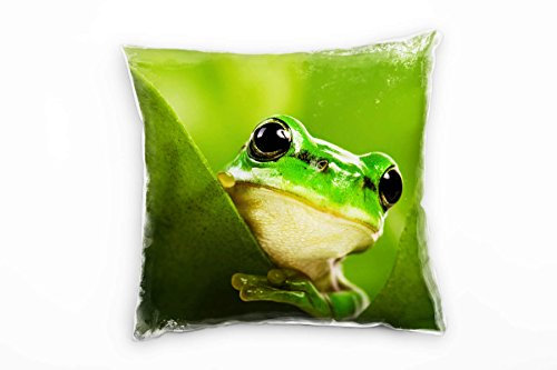 Paul Sinus Art Tiere, Macro, grün, hinter Blättern versteckter Frosch Deko Kissen 40x40cm für Couch Sofa Lounge Zierkissen - Dekoration zum Wohlfühlen