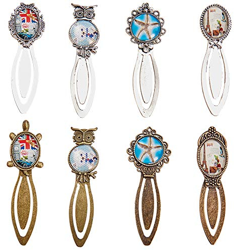 SUNNYCLUE 8 Sätze Lesezeichen Anhänger Tray Kit Verschiedene ovale Runde Lesezeichen Cabochon Einstellung mit klarem gewölbten Glas Cabochon für DIY Legierung Porträt Helm Lesezeichen Machen