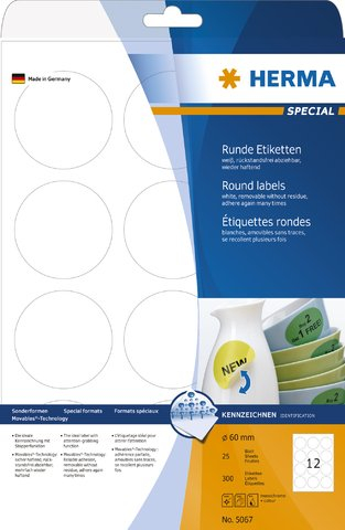 HERMA Etikett, Inkjet/Laser/Kopierer, selbstklebend, ablösbar, rund, Ø: 60 mm, weiß (300 Stück), Sie erhalten 1 Packung á 300 Stück