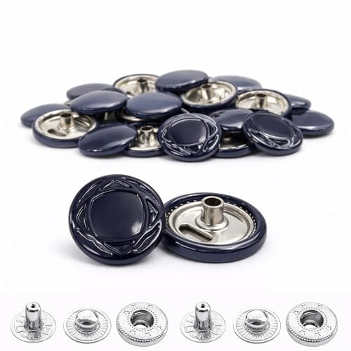 Trimming Shop 15 mm S Druckknöpfe in Gunmetal 4-teilig, langlebig und leicht, Metall-Druckknöpfe für Jacken, Jeans, Lederhandwerk, Riemen und Nähprojekte, Marineblau mit Design.