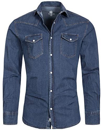 Rock Creek Herren Jeans Hemd Herrenhemd Denim Jeanshemd Vintage mit druckknöpfen Regular Fit Stehkragen Kentkragen Langarm Männer Hemd H-200 Blau L