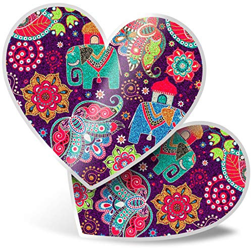 2 x Heart Stickers 7.5 cm - Purple Indian Elephant Pattern Print Laptop Tablet Luggage Scrapbook #13139